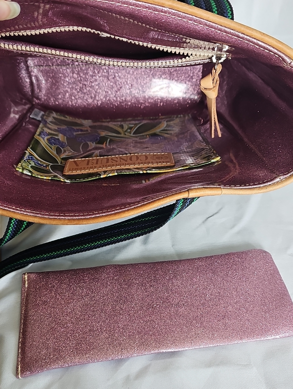 Consuela Navy Glitter Patent Tote with Black/green Sides and Tan Trim - Picture 7 of 10